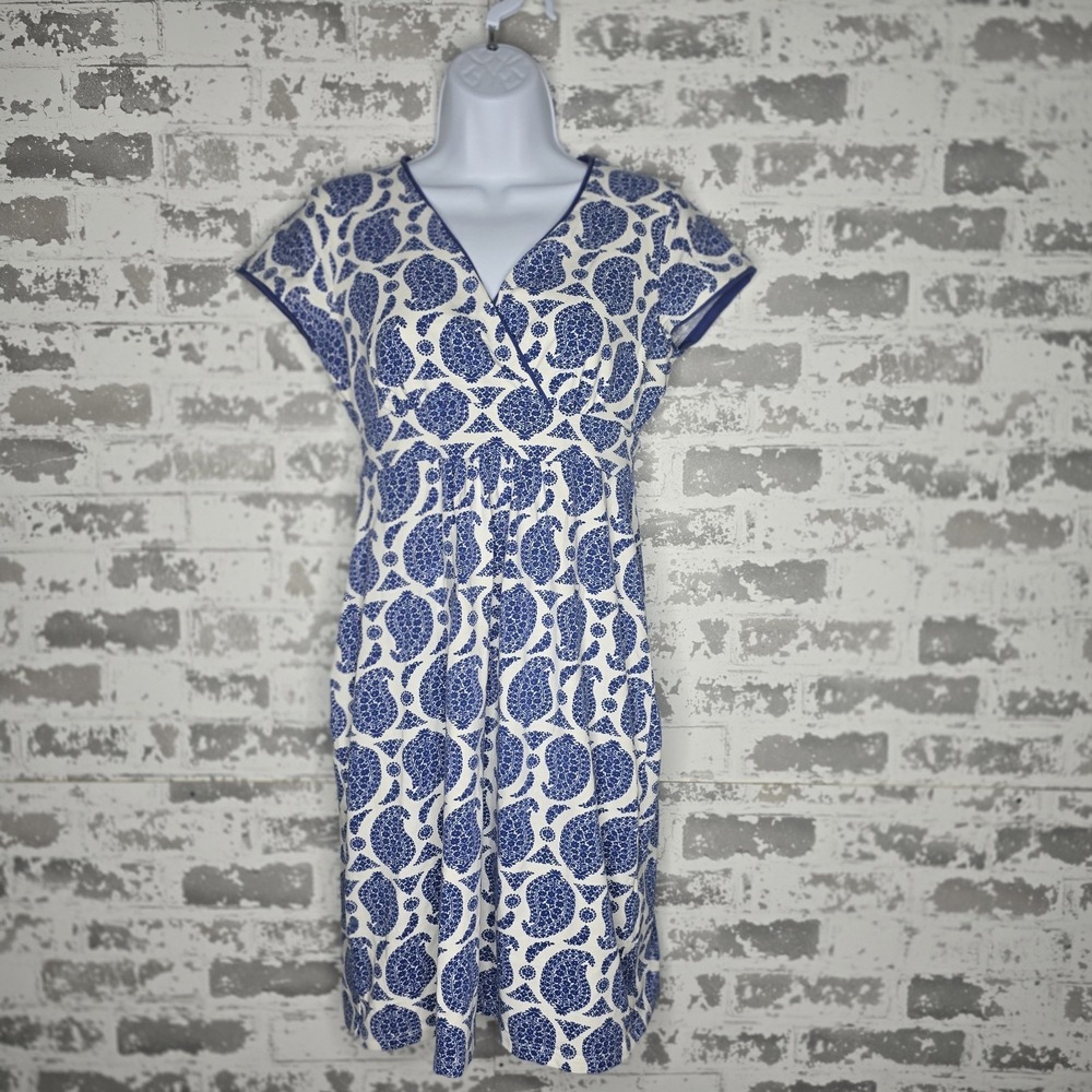 Boden Dress Womens 6P V-Neck Cap Sleeve Pullover Midi Blue Damask Print Stretch